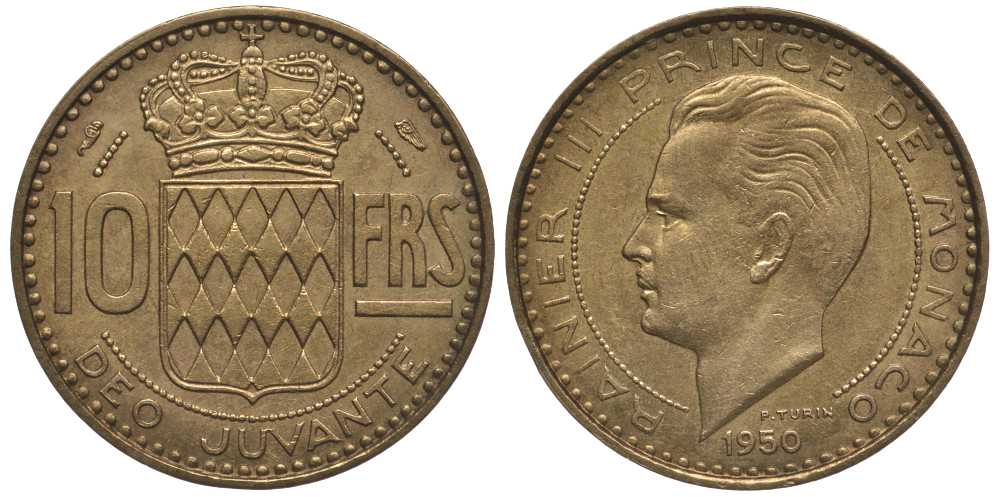 Монако 10 франков 1950 Ренье III (1949-2005) KM 130 алюминиевая бронза 113-827
