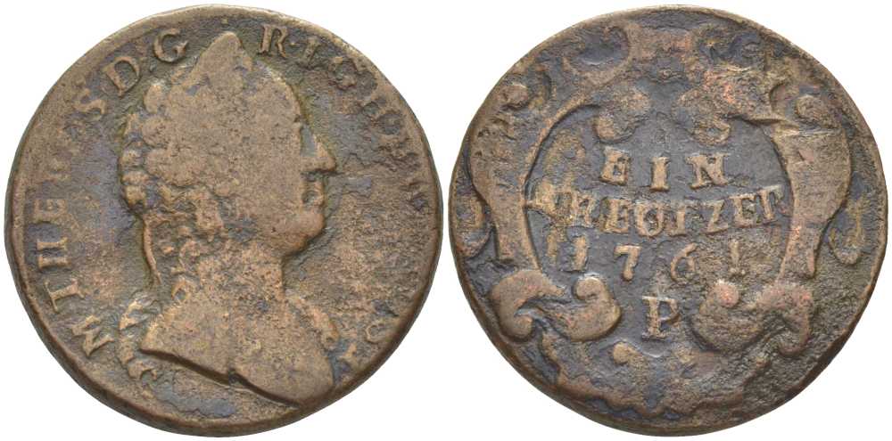 АВСТРИЯ 1 КРЕЙЦЕР 1761 P, МАРИЯ ТЕРЕЗИЯ (1740-1780) KM 1993 медь 180-533