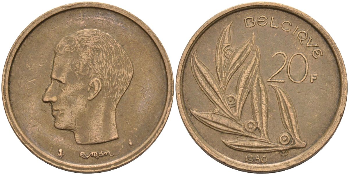 Бельгия 20 франков 1980 Belgique, Бодуэн I (1951-1993) KM 159 никель бронза 4126-215