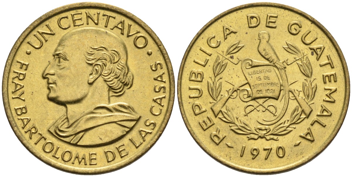 Гватемала 1 сентаво 1970 Бартоломео де лас Касас KM 265 латунь 4588-748