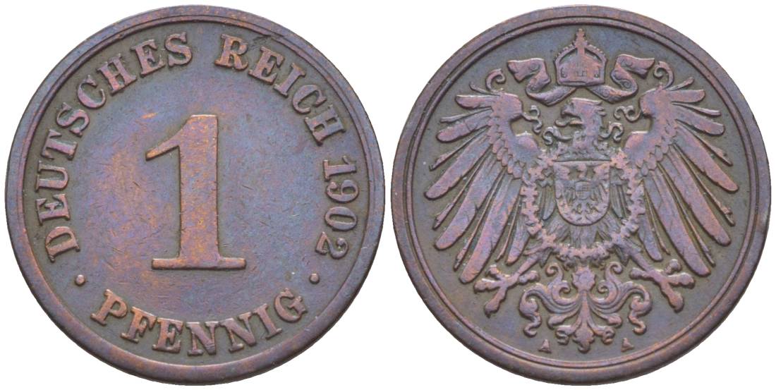 ГЕРМАНИЯ 1 ПФЕННИГ 1902 A KM 10, Jager. 10, Weege 2 медь 4528-1212