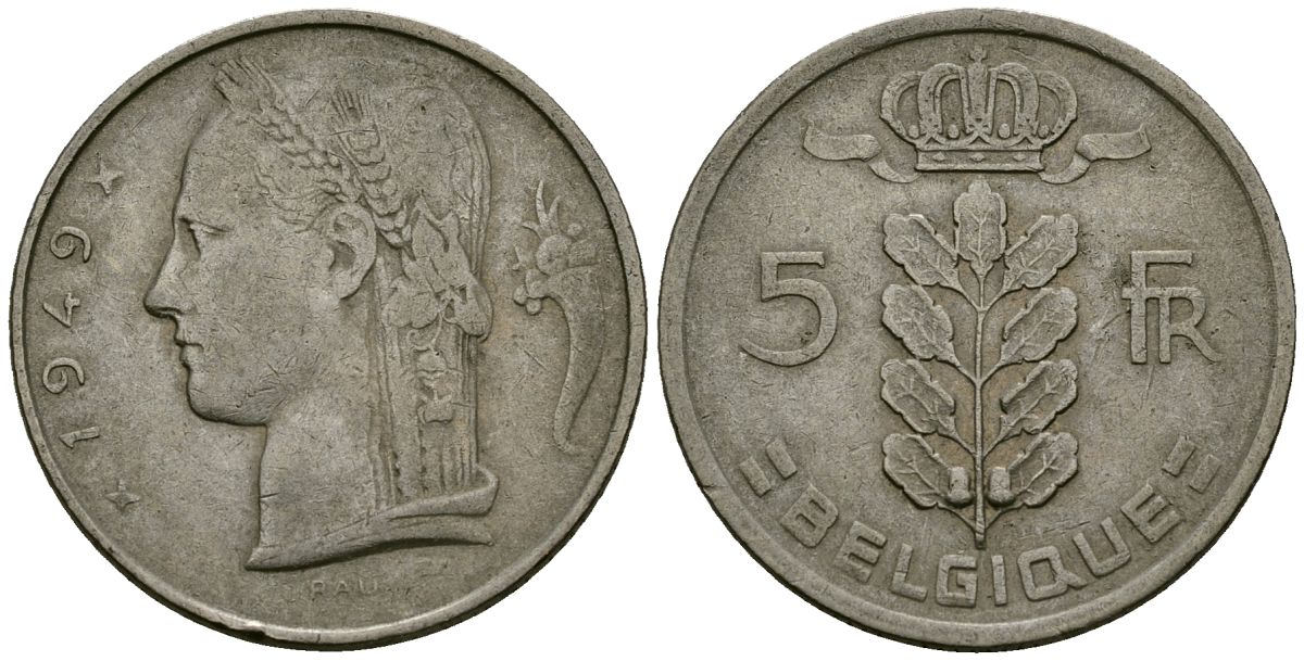 Бельгия 5 франков 1949 Леопольд III (1934-1950), Belgique KM 134.1 медно-никель 4172-543