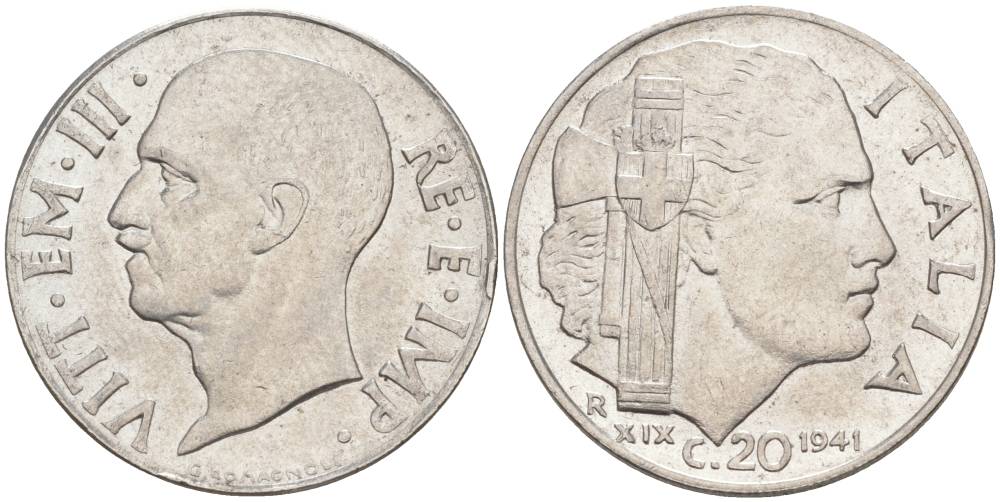 ИТАЛИЯ 20 ЧЕНТЕЗИМО 1941 R, ГОД XIX, ВИКТОР ЭММАНУИЛ III (1900-1946) KM 75b, VEM3. 1028 нержавеющая сталь 3853-643