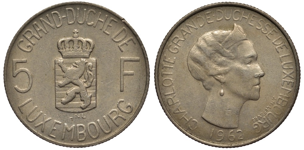 Люксембург 5 франков 1962 Великая герцогиня Шарлотта (1919-1964) KM 51 медно-никель 4536-526