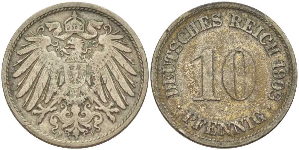 ГЕРМАНИЯ 10 ПФЕННИГОВ 1908 F KM 12, J. 13, Weege 8 медно-никель 212-114