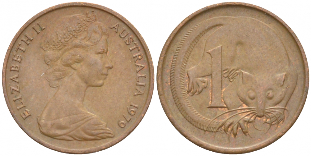 АВСТРАЛИЯ 1 ЦЕНТ 1979 ЕЛИЗАВЕТА II, МОЛОДОЙ ПОРТРЕТ, ОПОССУМ KM 62 бронза 4532-516