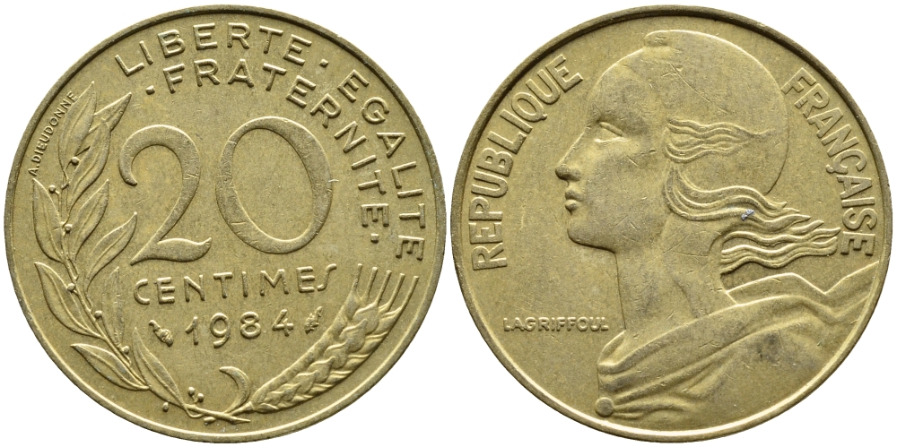 Франция 20 сантимов 1984 тип Marianne KM 930, Le Franс 156.24 медь алюминий никель 4393-211