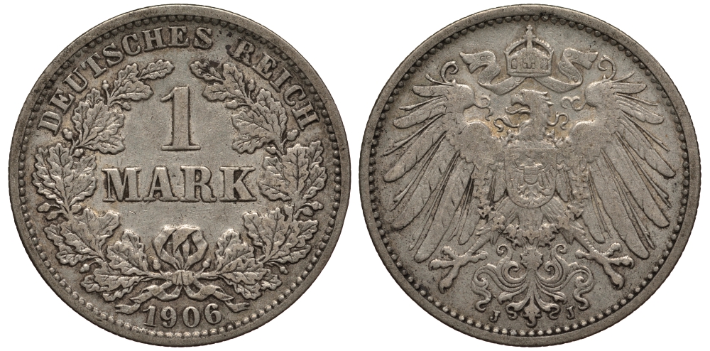 Германия 1 марка 1906 J Weege 18, J. 17, KM 14 серебро VF 413-1233
