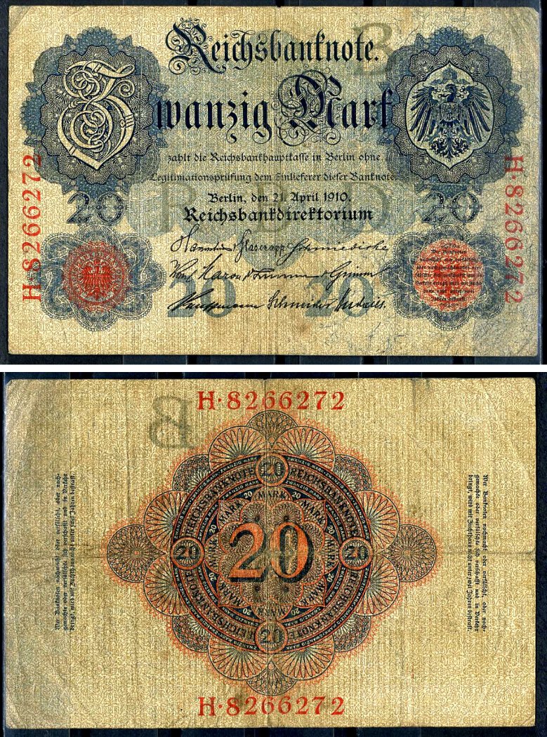 Германия 20 марок 1910 Pick 40 b бумага 7191-7-1-2