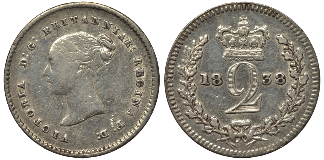 Великобритания 2 пенса 1838 Виктория (1837-1901), для обращения в Британской Гвиане и некоторых частях Британской Вест-Индии KM 729, Spink 3914E серебро 1524-422