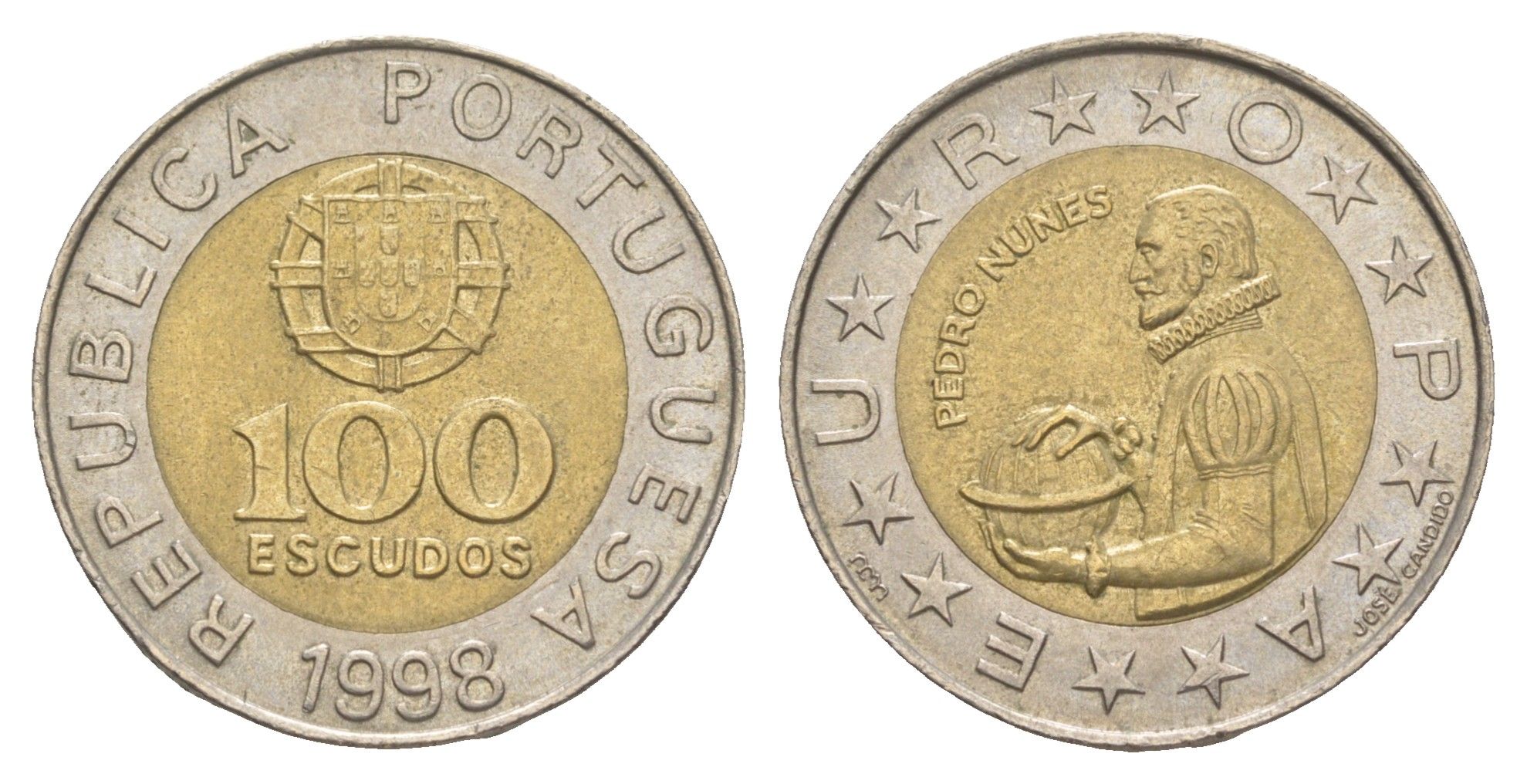 Португалия 100 эскудо 1998 Педру Нуниш (1502-1578), математик KM 645 биметалл aUNC 4566-317