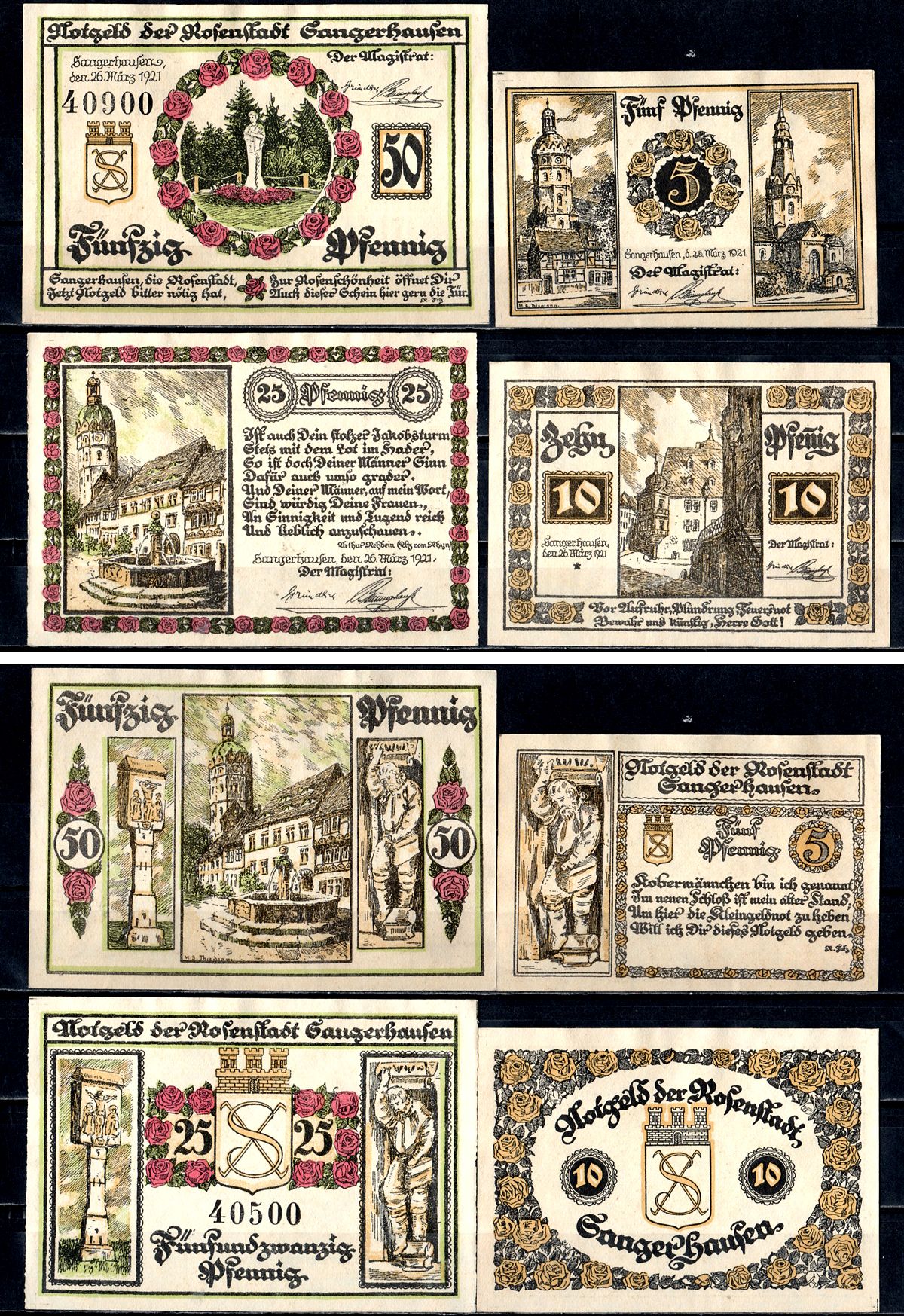 Зангерхаузен (Пруссия, Саксония) полный набор из 4 нотгельдов (5, 10, 25 и 50 пфеннигов) 1921 Mehl Grabowski 1163.1a и 1163.1b бумага UNC (пресс) 7556-66-1-2