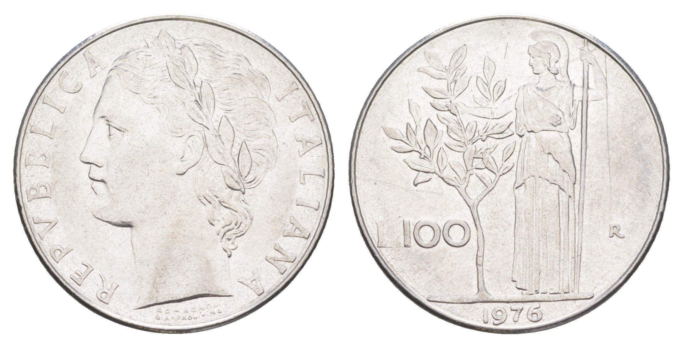 Италия 100 лир 1976 R, Афина в доспехах KM 96.1 нержавеющая сталь 4556-243