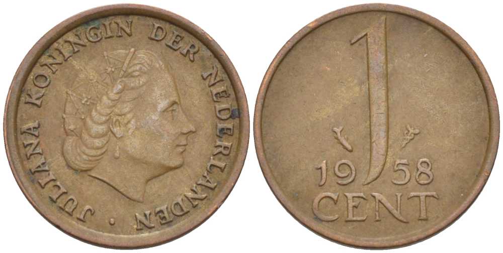 НИДЕРЛАНДЫ 1 ЦЕНТ 1958 ЮЛИАНА KM 180 бронза 66-847