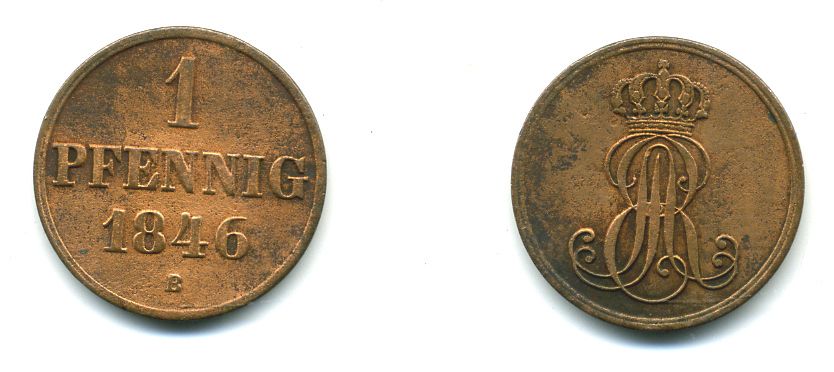Ганновер 1 пфенниг 1846 B, Эрнст Август (1837-1851) KM 201.1, AKS 129, J. 74 медь 35-828