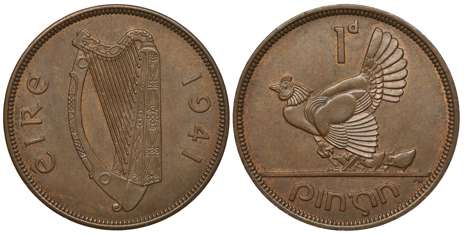 Ирландия 1 пенни 1941 курица с цыплятами KM 11 бронза aUNC 272-1713