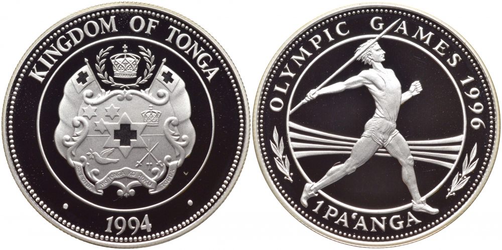 Тонга 1 паанга 1994 XXVI Олимпийские игры 1996 года в Атланте, копьеметатель KM 159 серебро PROOF 11-090-11