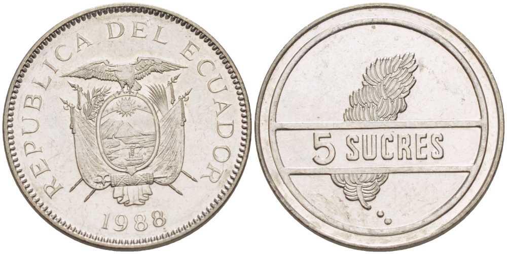 Эквадор 5 сукре 1988 гроздь бананов KM 91 сталь плакированная никелем 4681-413