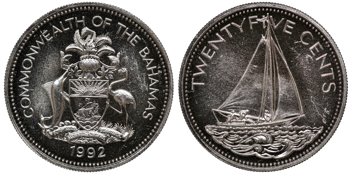 Багамские острова 25 центов 1992 парусник KM 63.2 медно-никель 00-00
