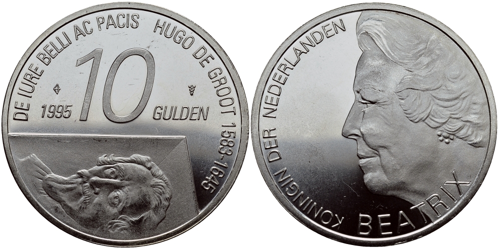 Нидерланды 10 гульденов 1995 300 лет со дня смерти Хьюго Грута, королева Беатрикс KM 220 серебро 1524-931