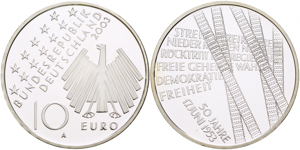 ФРГ 10 евро 2003 А, 50-я годовщина народного восстания 1953 года в ГДР KM 226, DE.S. 10.9 серебро PROOF 1082-9-52