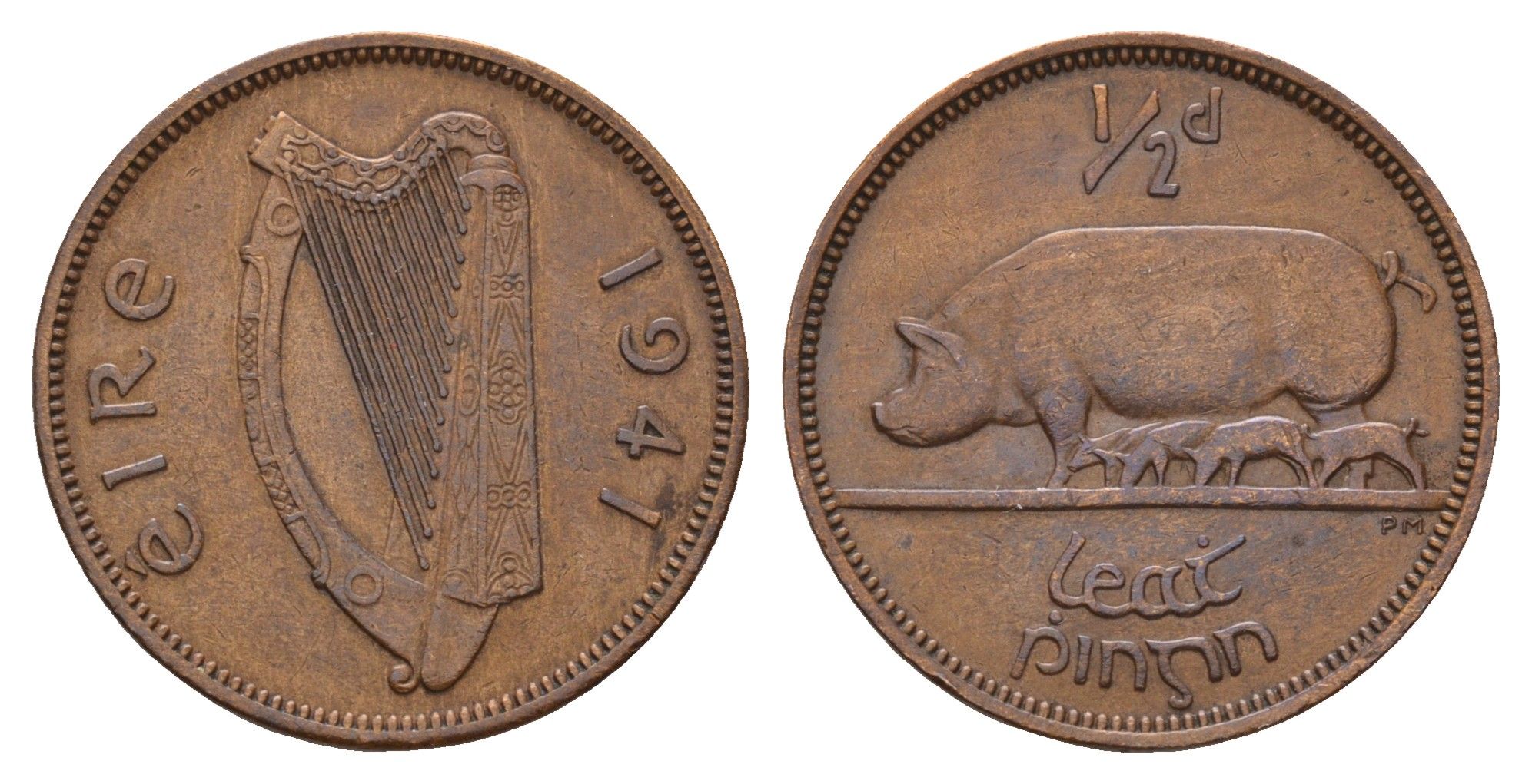 Ирландия 1/2 пенни 1941 свинья с поросятами KM 10 бронза 4121-1246