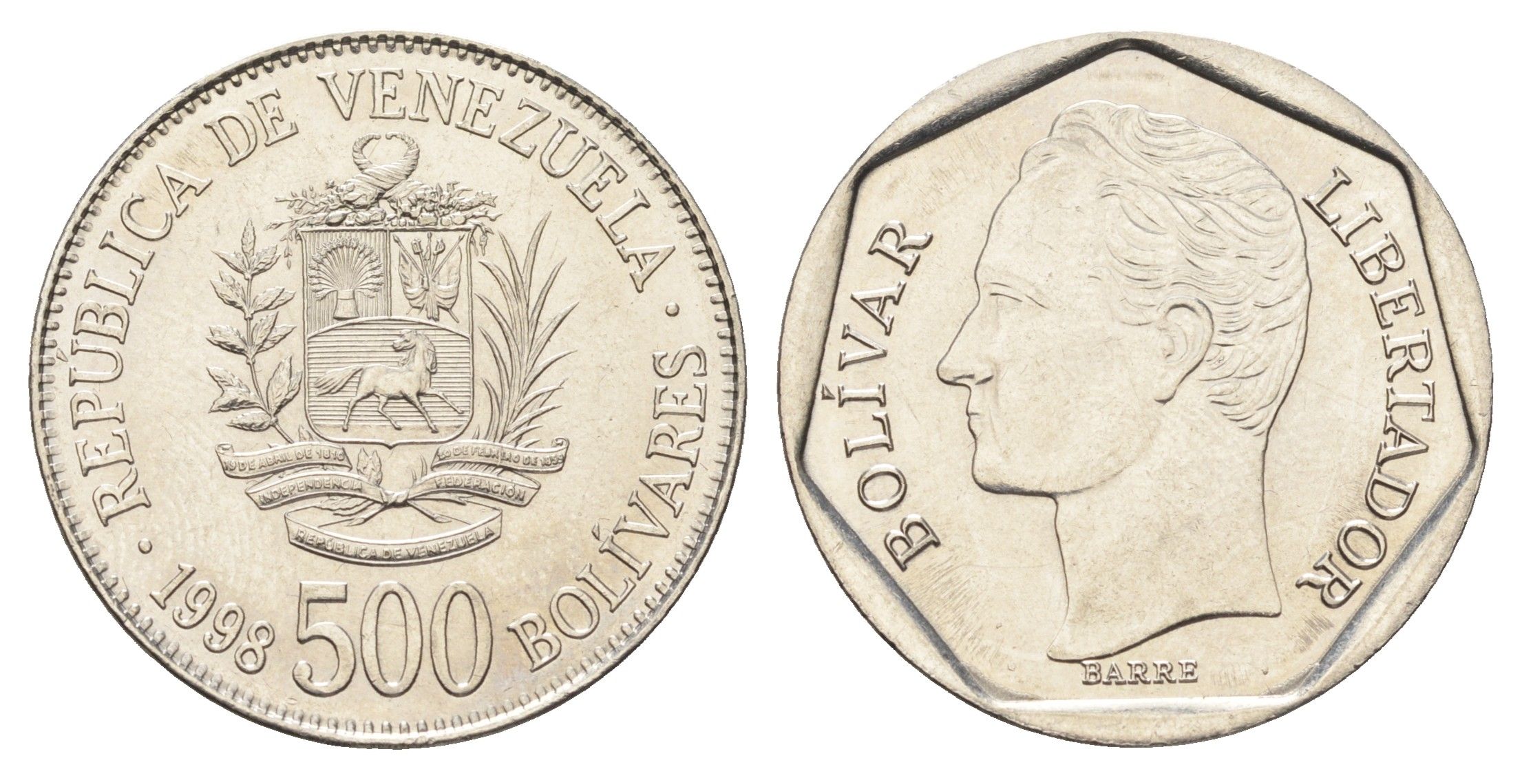 Венесуэла 500 боливаров 1998 год-тип, Симон Боливар Y 79.1 сталь плакированная никелем UNC 4666-1241