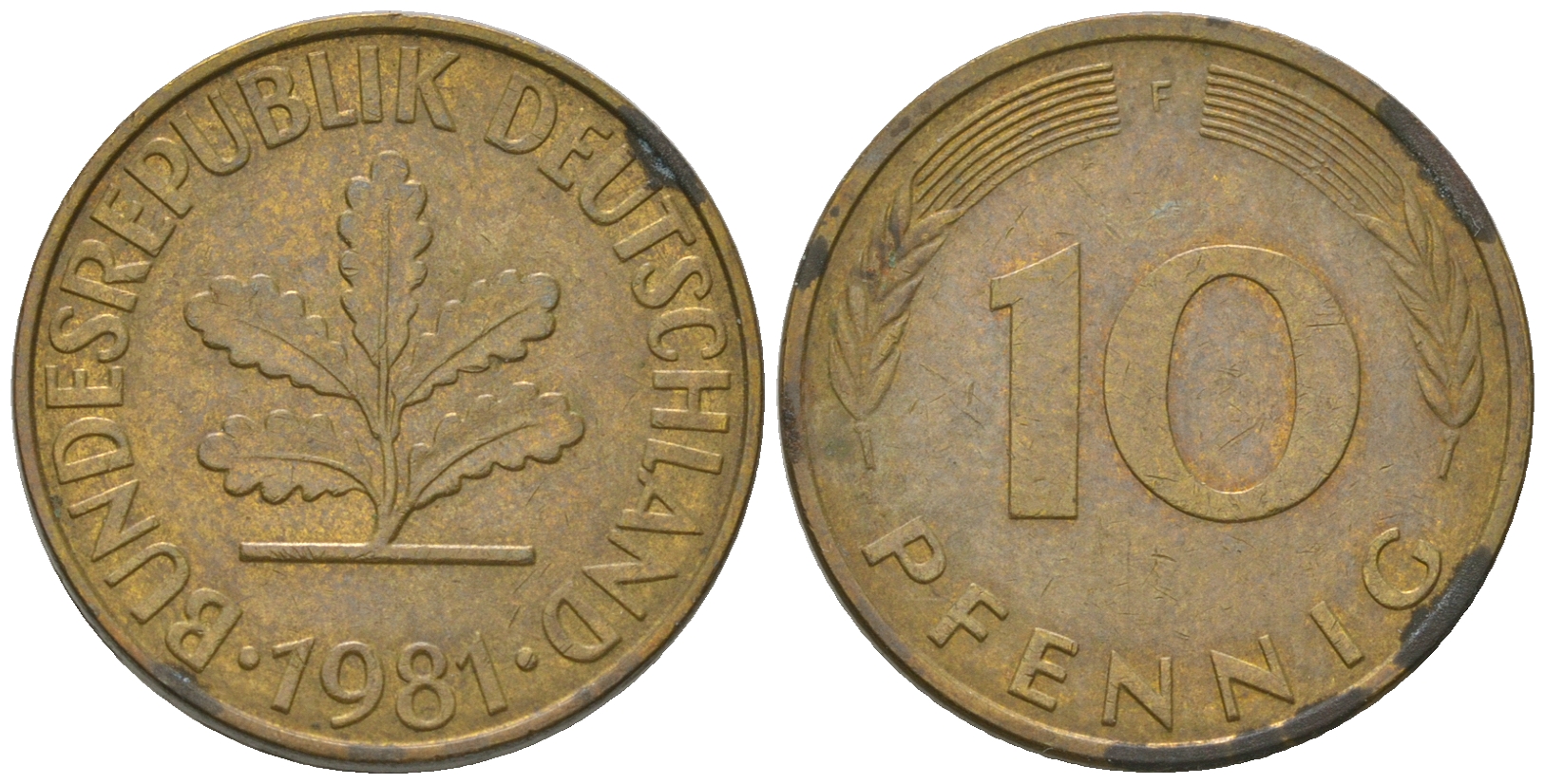 ФРГ 10 пфеннигов 1981 F KM 108, J. 383 сталь плакированная латунью 3459-525