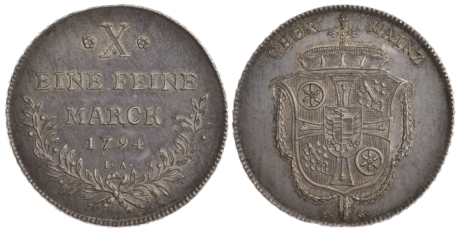 Майнц 1 талер 1794 Фридрих Карл Йозеф фон Эрталь (1774-1802) Dav. 2432 A, Slg. Walther 649 серебро 10-009-69