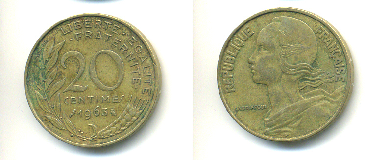 ФРАНЦИЯ 20 САНТИМОВ 1963 KM 930 медь алюминий никель 86-1734