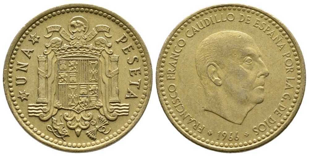 Испания 1 песета 1966 (74) Франсиско Франко (1939-1975) KM 796 алюминиевая бронза 4610-122