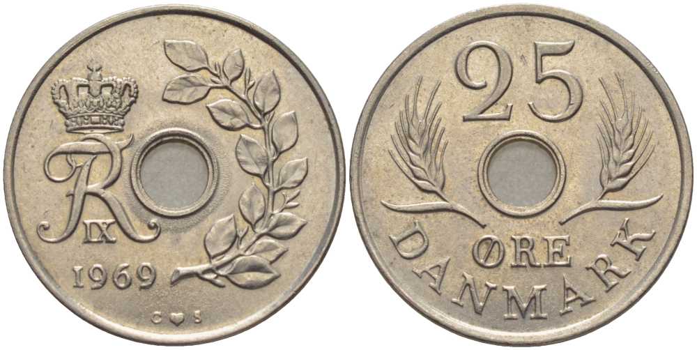 Дания 25 эре 1969 С;S, Фредерик IX (1947-1972) KM 855 медно-никель 202-736