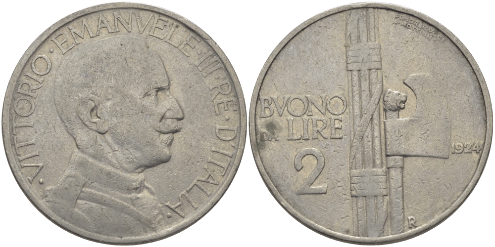 Италия 2 лиры 1924 R, Виктор Эммануил III (1900-1948) KM 63 никель 97-1024