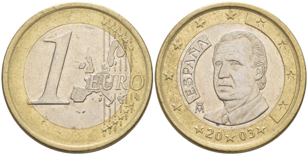 ИСПАНИЯ 1 ЕВРО 2003 ХУАН КАРЛОС I KM 1046 биметалл 4543-256
