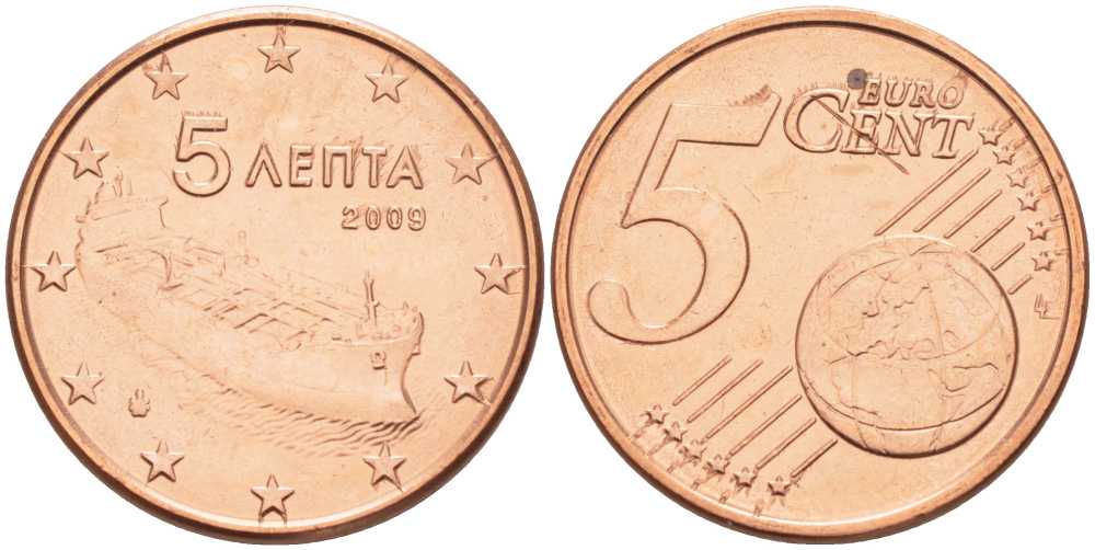 ГРЕЦИЯ 5 ЕВРОЦЕНТОВ 2009 KM 183 сталь плакированная медью UNC 214-356