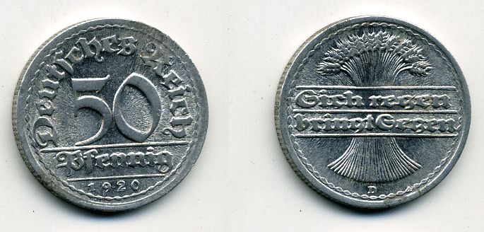 ГЕРМАНИЯ 50 ПФЕННИГОВ 1920 D KM 27, J. 301 алюминий 41-821