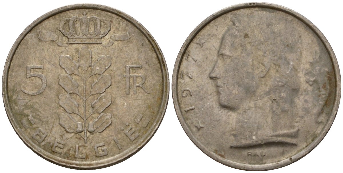 Бельгия 5 франков 1977 Belgie, Бодуэн I (1951-1993) KM 135 медно-никель 4395-721