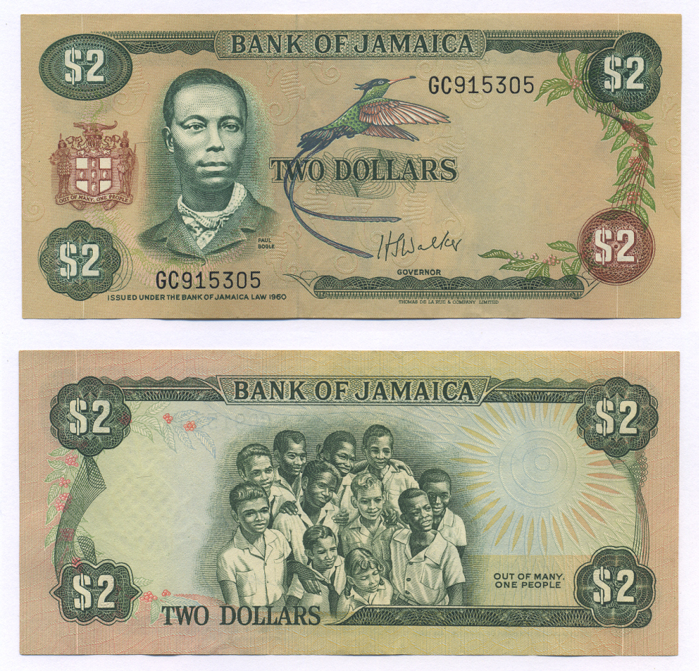 ЯМАЙКА 2 ДОЛЛАРА 1970 ПОЛЬ БОГЛЕ, ПОДПИСЬ 4 Pick 55а бумага 6278-37-2-2