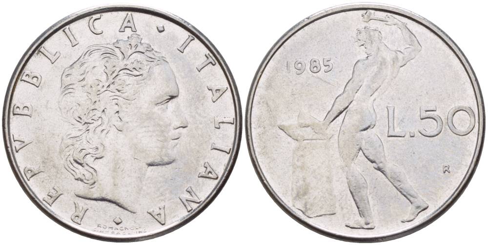 ИТАЛИЯ 50 ЛИР 1985 R, БОГ ОГНЯ ВУЛКАН У НАКОВАЛЬНИ KM 95.1 нержавеющая сталь 4551-415