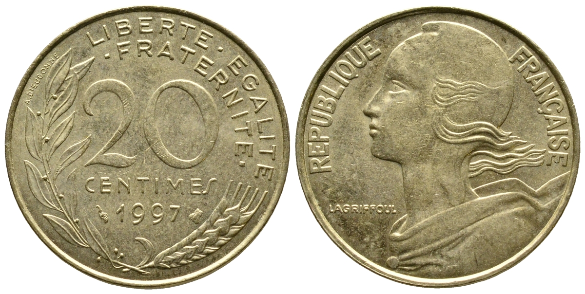 ФРАНЦИЯ 20 САНТИМОВ 1997 KM 930 медь алюминий никель 93-1354