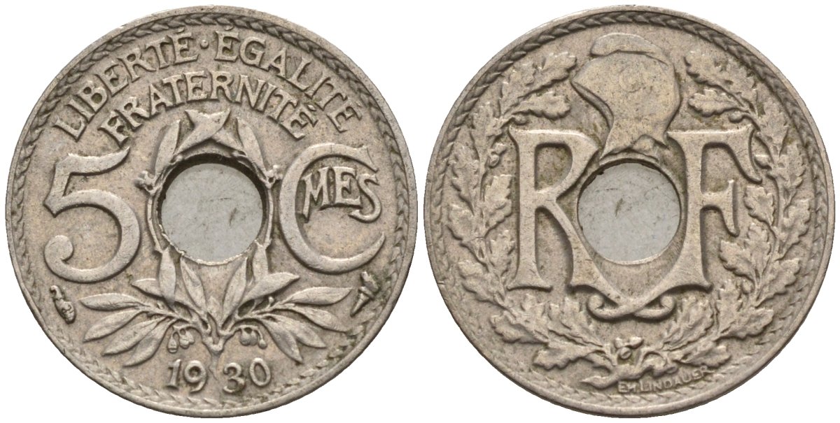 Франция 5 сантимов 1930 KM 875 медно-никель 4596-614