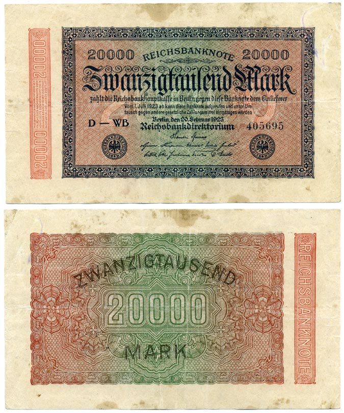 ГЕРМАНИЯ 20000 МАРОК 1923 20 ФЕВРАЛЯ 1923, ВОДЯНОЙ ЗНАК Е, В ЗВЁЗДАХ G/D Pick 85b бумага 7486-75-1