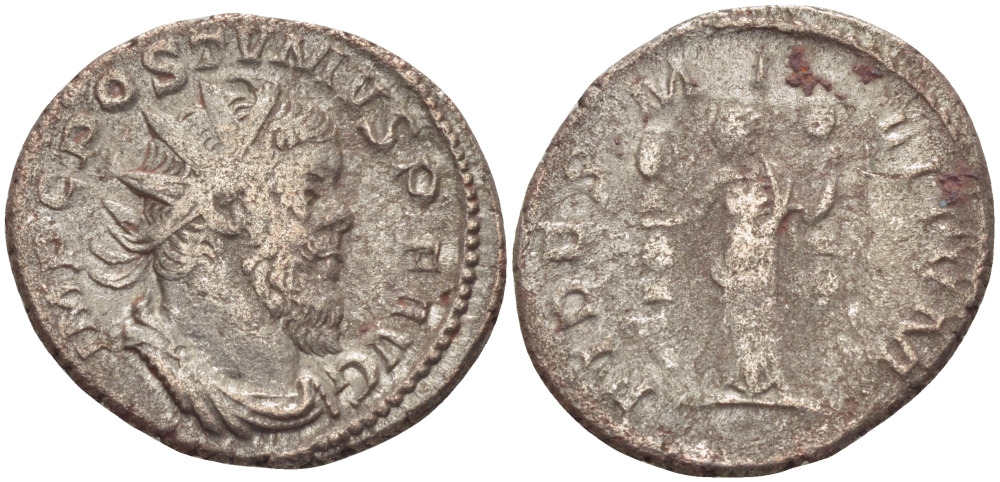 Римская Империя (императоры в Галлии) антониниан 260 - 269 Постум. IMP C POSTVMVS P F AVG / FIDES MILITVM, Фидея, персонификация Верности, с боевыми штандартами, Колония Агриппины, Very fine RIC 59 биллон 1073-12-54