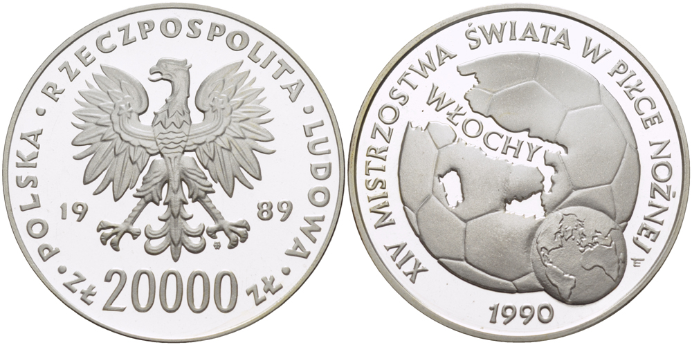 Польша 20000 злотых 1989 MW, чемпионат мира по футболу в Италии 1990 года, мяч и глобус KM 223, Parchimowicz 370 серебро PROOF 00-00