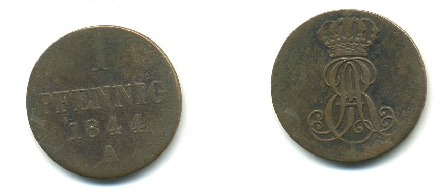 Ганновер 1 пфенниг 1844 A, Эрнст Август (1837-1851) KM 173.1, AKS 126, J. 54 медь 35-723