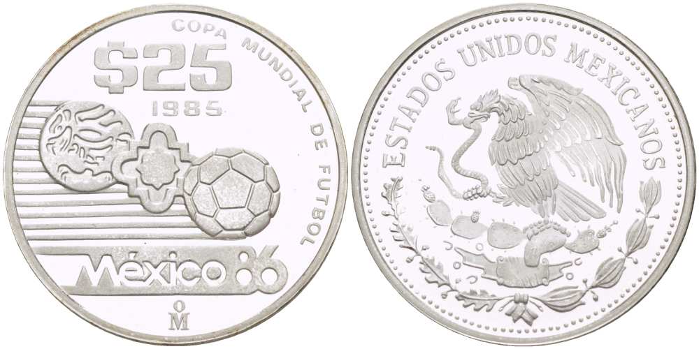 Мексика 25 песо 1985 чемпионат мира по футболу в Мексике 1986 года KM 503 серебро PROOF 1080-1-32