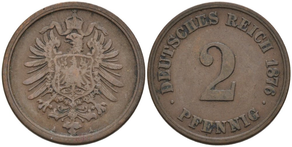 Германия 2 пфеннига 1876 A, старогербовка KM 2, J. 2 медь 4575-657