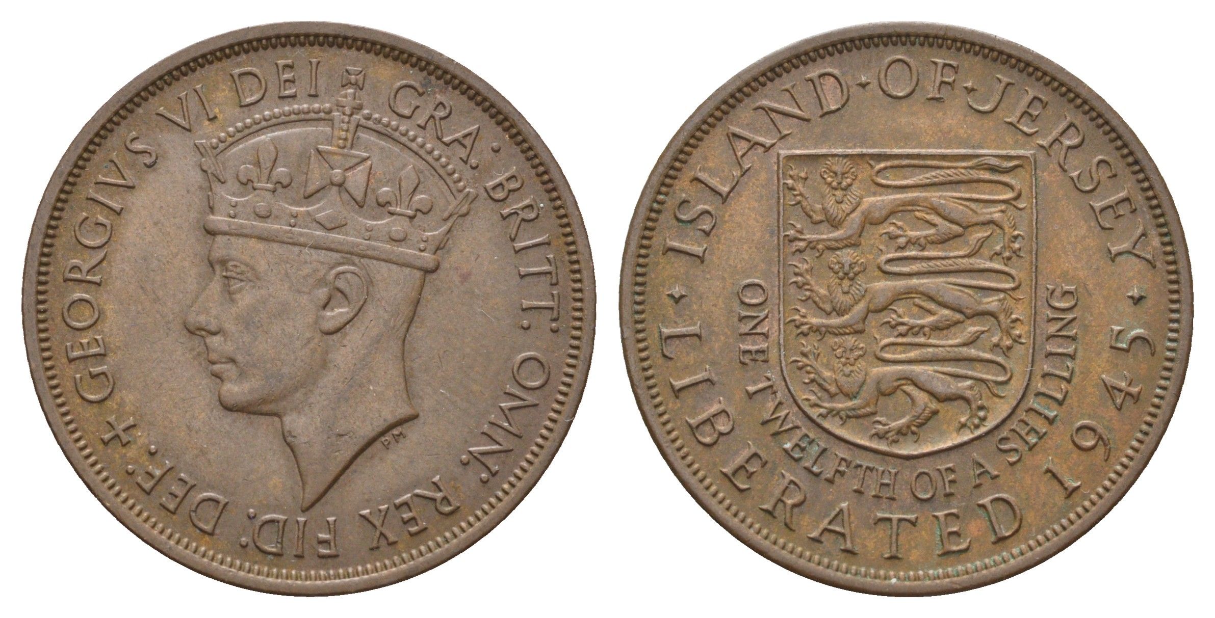 Джерси 1/12 шиллинга 1945 Георг VI (1937-1952), освобождение Джерси KM 19 бронза 4634-342