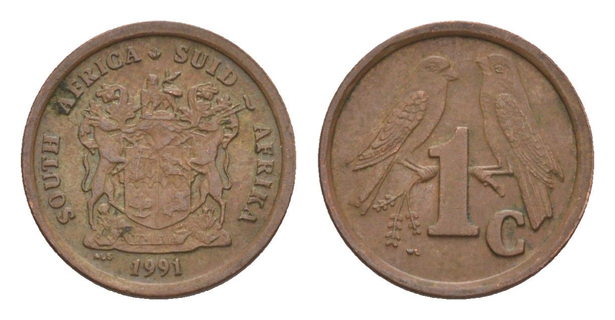 ЮАР 1 цент 1991 герб, капские воробьи KM 132 сталь плакированная медью 4608-626