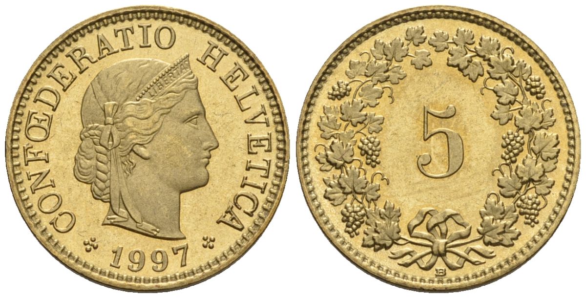 Швейцария 5 раппенов 1997 B HMZ 2.1212, KM 26c, Schoen 24c алюминиевая бронза UNC 4516-255